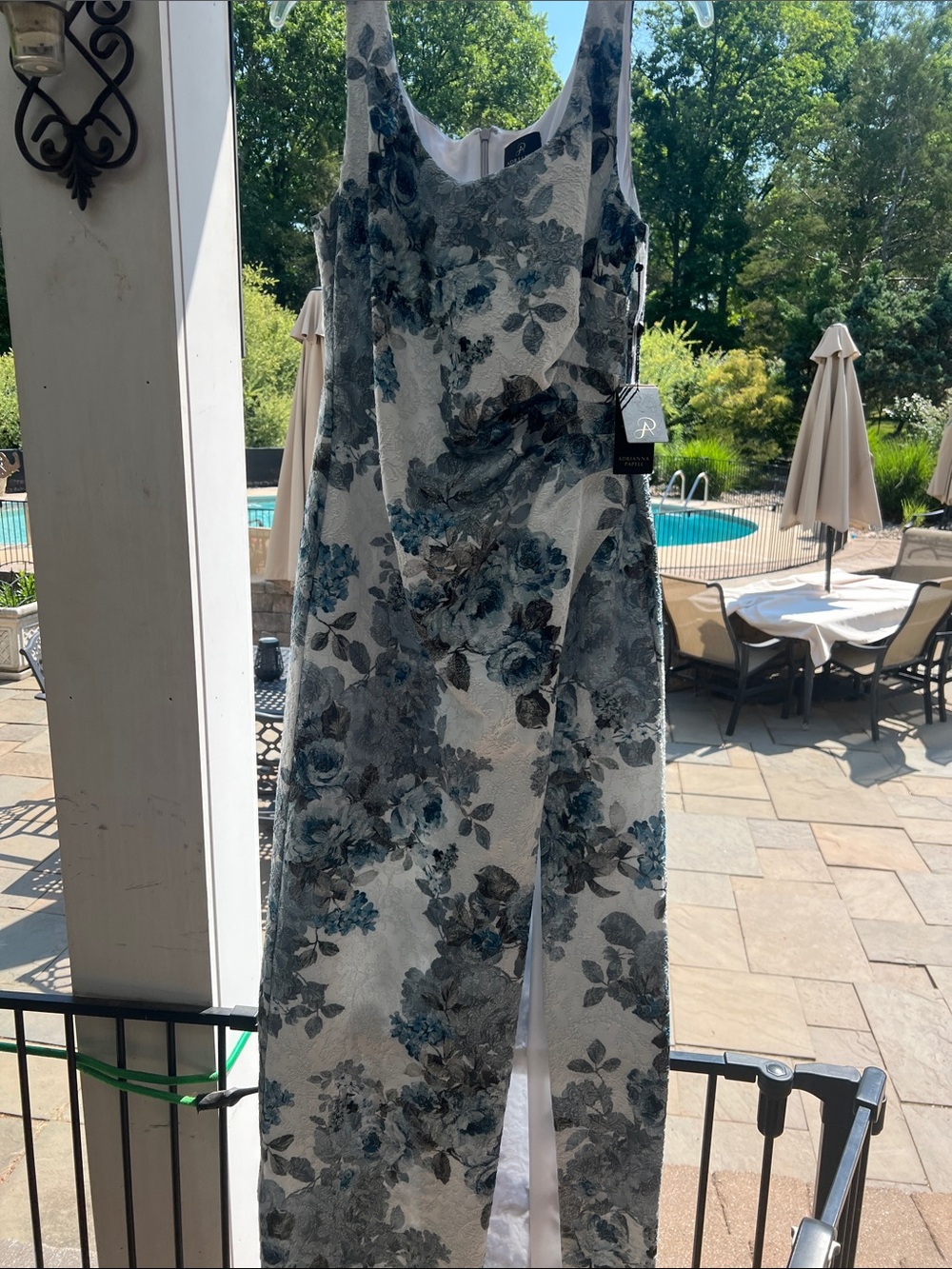 Adrianna Papell White Floral Jacquard Maxi Dress with Blue-Grey Flowers